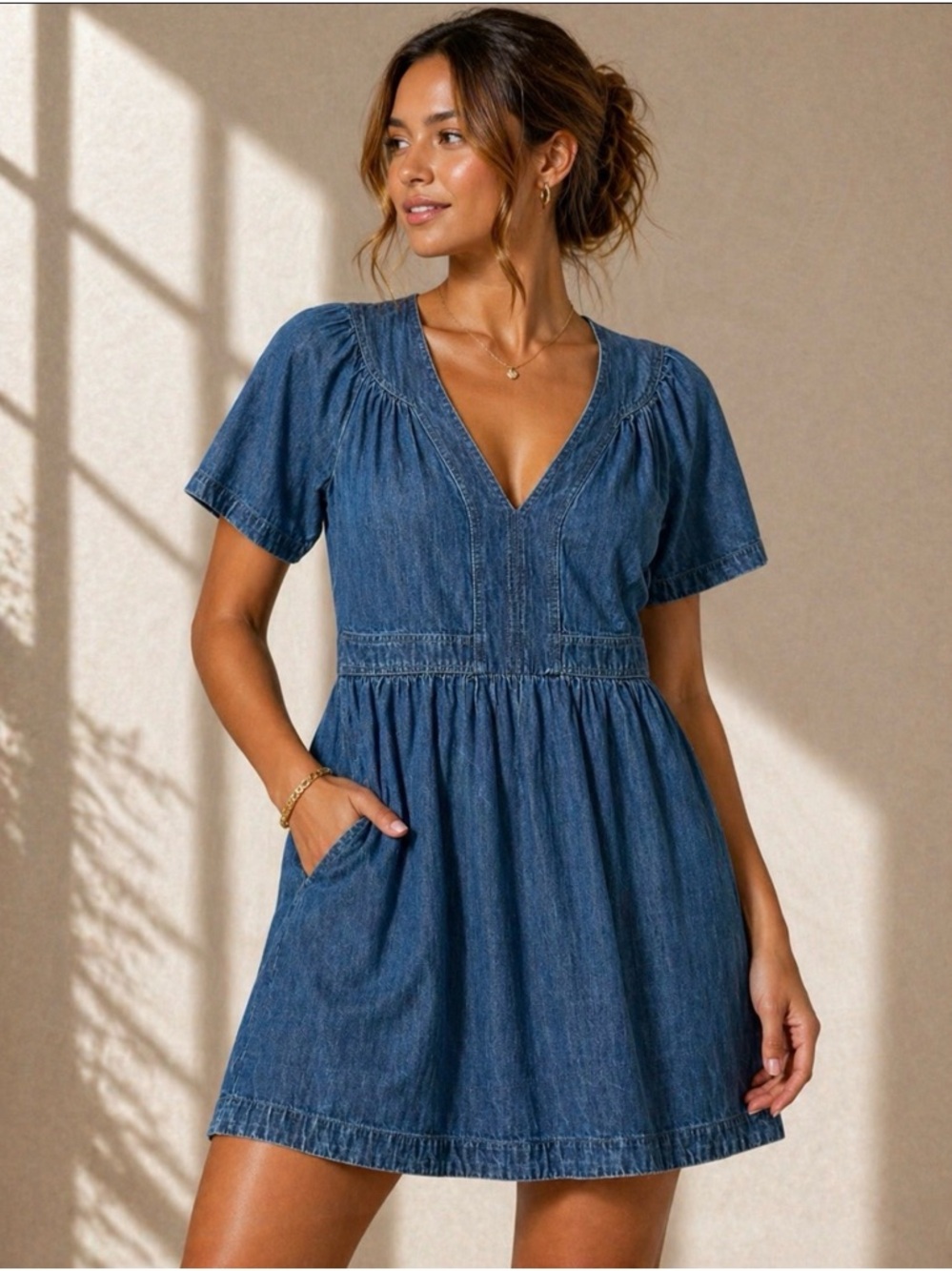 LOFT Chambray side Zip Mini Dress - Denim Blue with Pockets